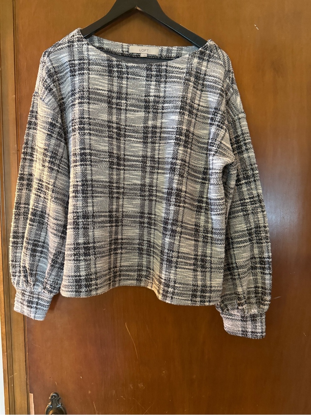 LOFT Black & Cream Plaid Scoop Neck Sweater/Top